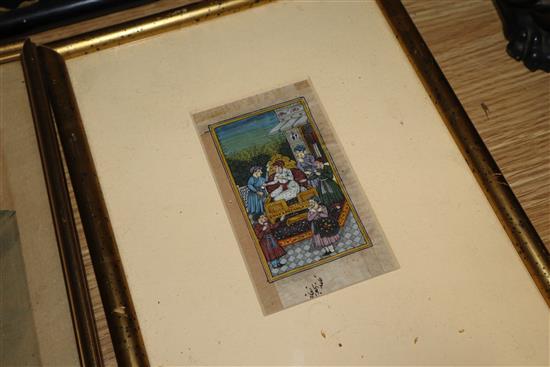 Six Japanese woodblock prints and and a Persian gouache painting, largest 36 x 26cm and a Chinese hardstone elephant